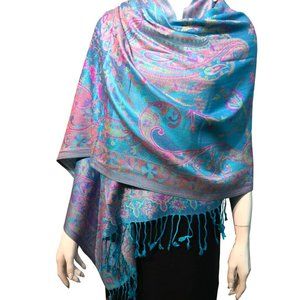 Light Blue Floral Silk Pashmina Scarf Shawls Wraps